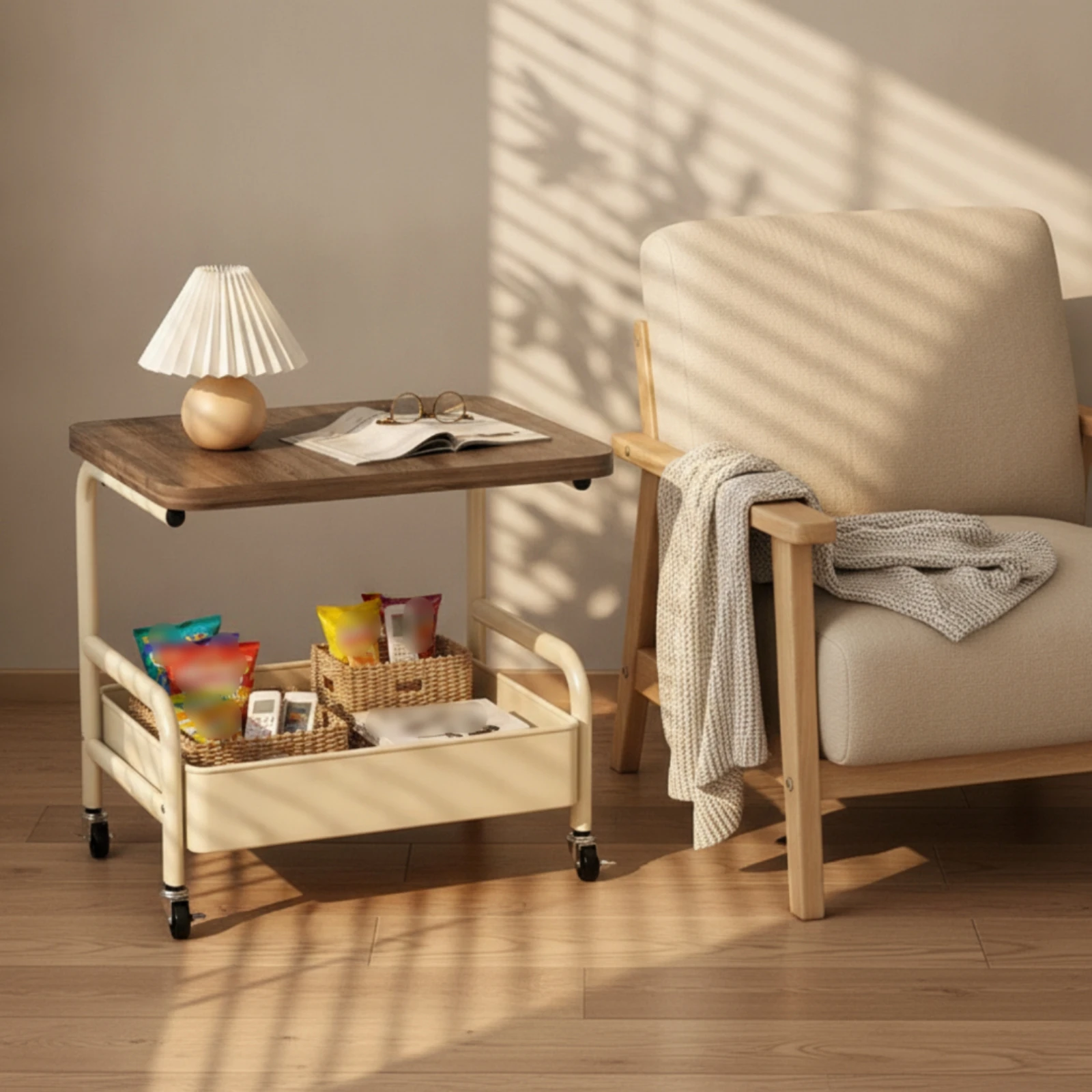 Storage Cart with Wood Top Metal Cart with Table Top Rolling Side Table Multi-Purpose Sturdy for Bedroom, Living Room