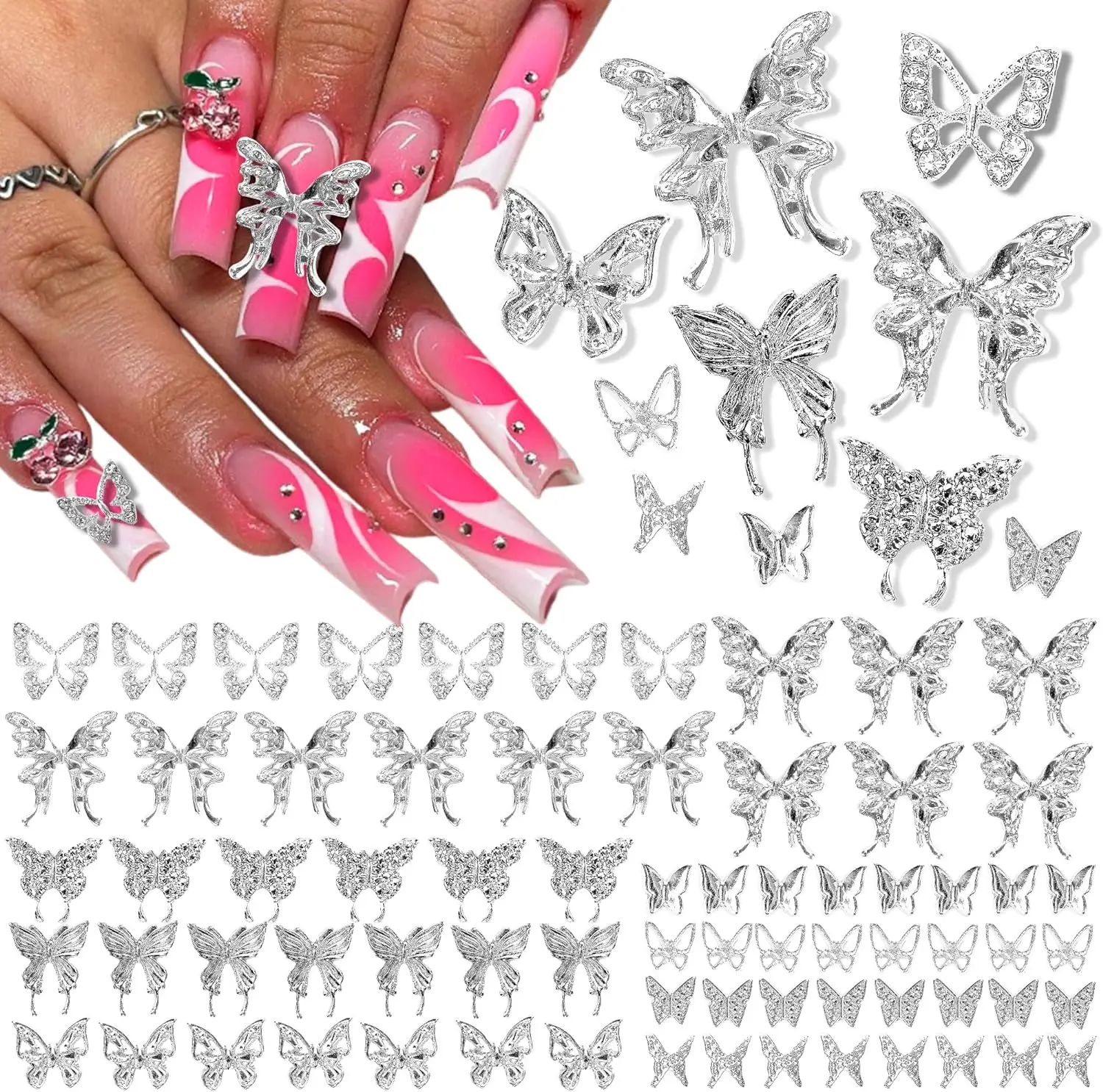 

120PCS 3D Butterfly Nail Charms Silver Y2K Nail Gems and Rhinestones Butterfly Rhinestones Nail Jewels for Nail Art Nail