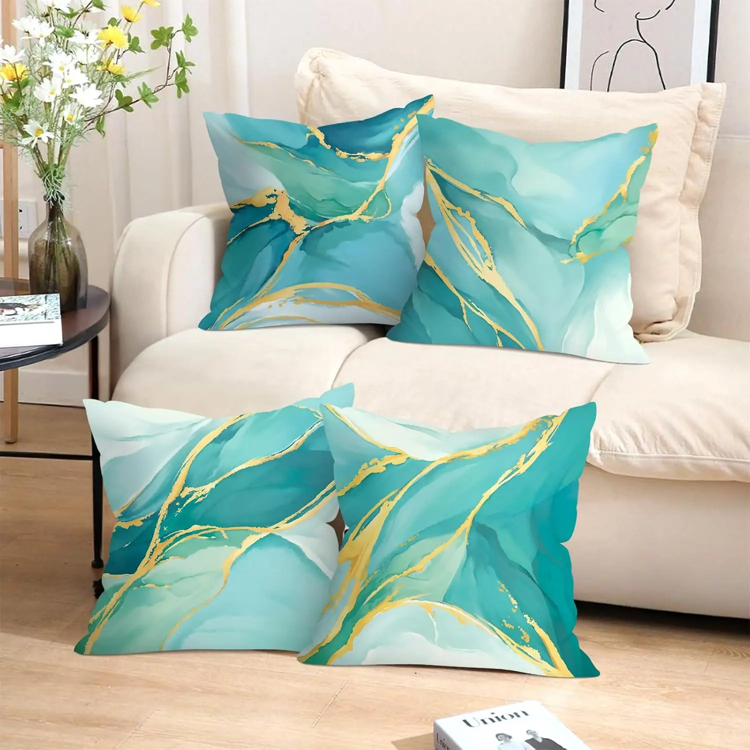 Enhance your space with our 4-Piece Luxury Abstract Blue Gold Marble Throw Pillow Covers Cushion Shams Set for Modern Home Decor