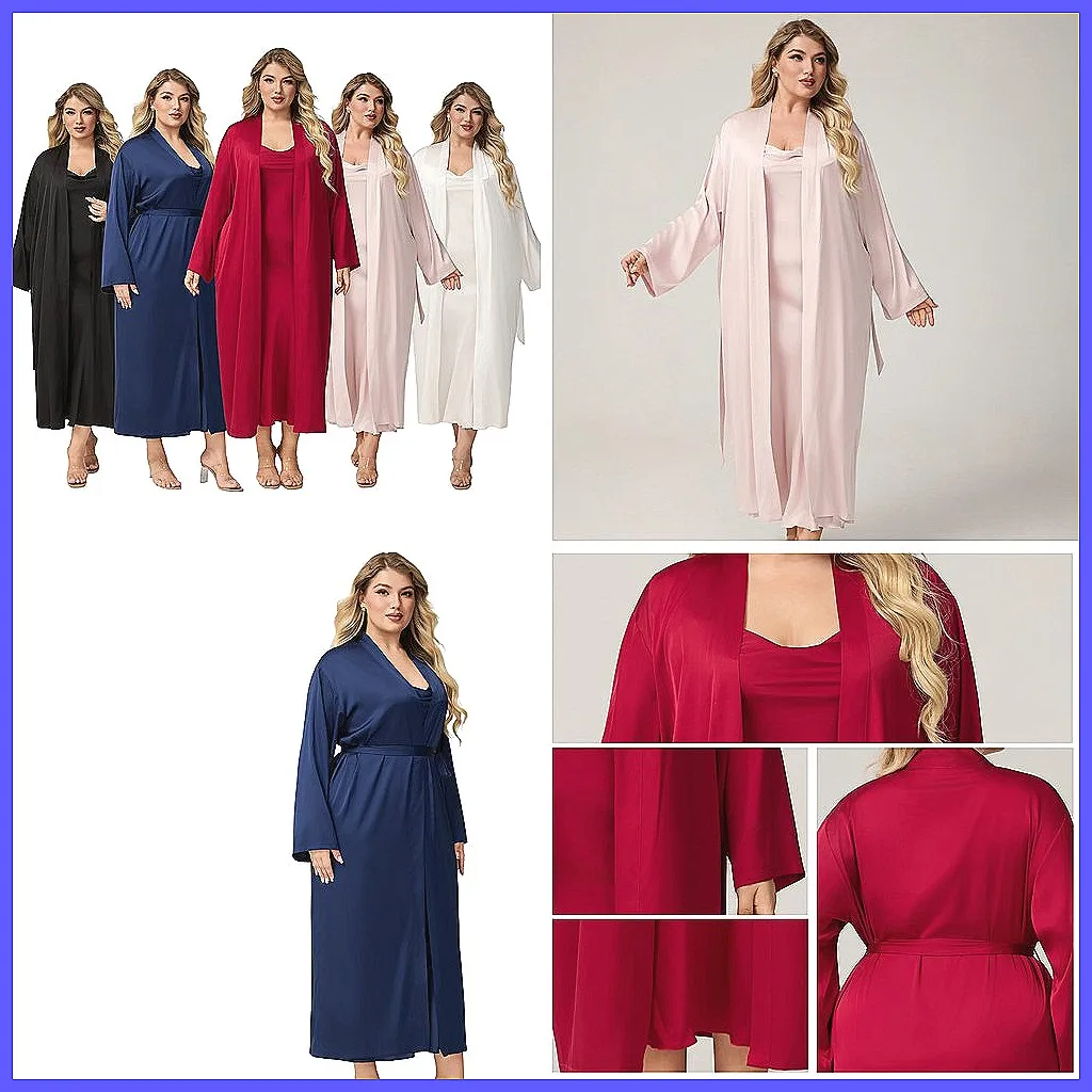 

2Pcs Women's Satin Nightgown Set, Sexy Sleepwear & Home Dress, Plus Size Summer Pajamas