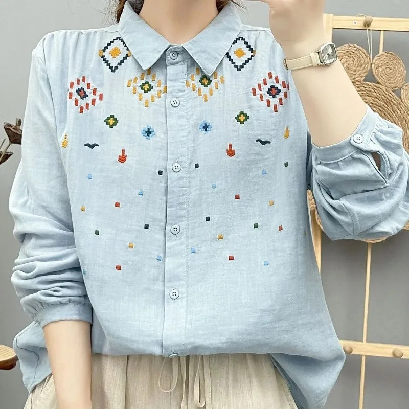 

Women's Retro Embroidered Cotton Shirt, Soft Double-Layer Gauze Long Sleeve Blouse, Breathable Casual Top