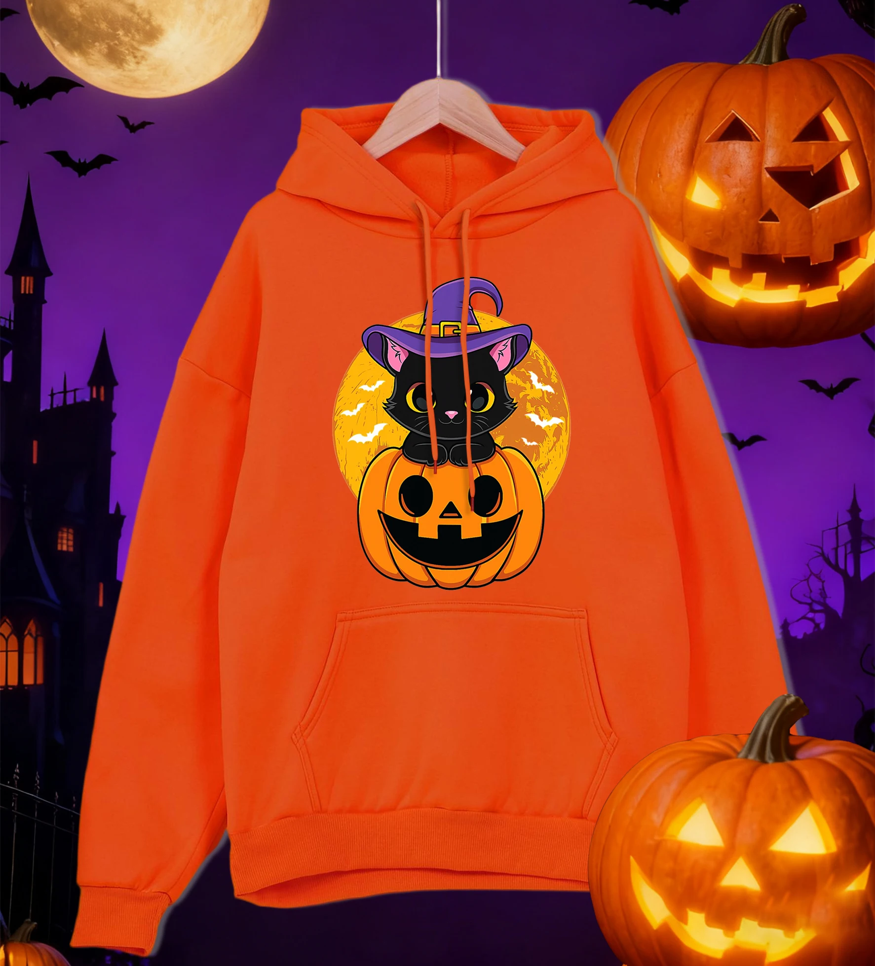 هالوين لطيف هريرة واليقطين الطباعة الرجال هودي المتضخم كنزة بغطاء رأس من الصوف الخريف الملابس جيب غير رسمي الذكور الرياضية