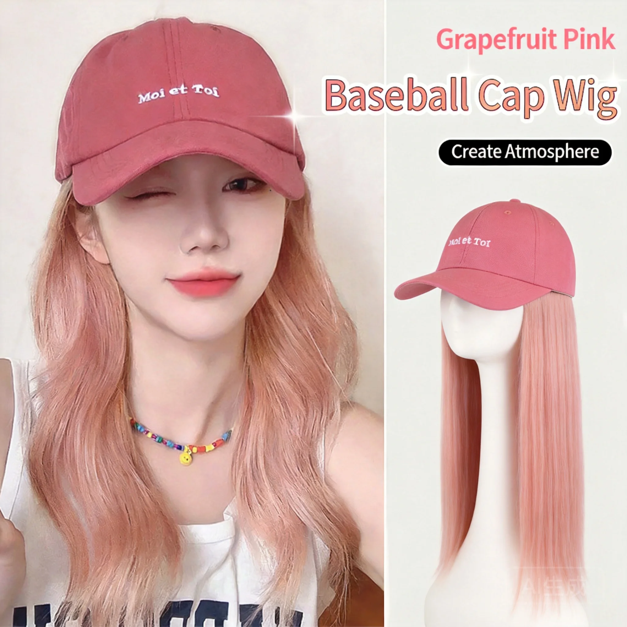 parrucca-sintetica-ondulata-rosa-pompelmo-lunga-40-cm-con-cappello-da-baseball-regolabile-leggera-e-staccabile-dall'aspetto-naturale