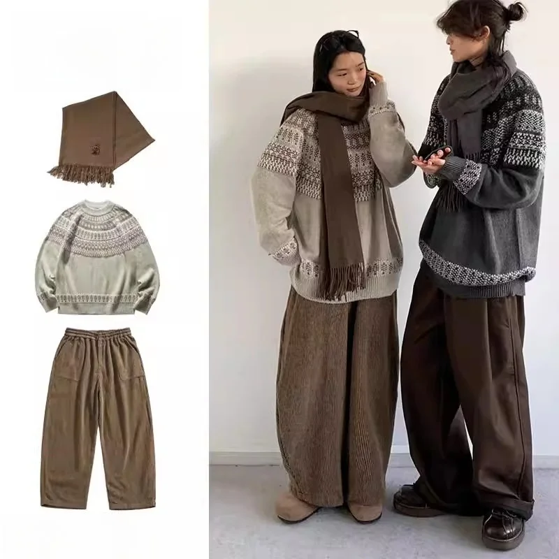 

Комплект вязаных свитеров для пары: мужской свитер с длинным рукавом и длинные брюки из полиэстера, удобный, в стиле ретро, осенний.