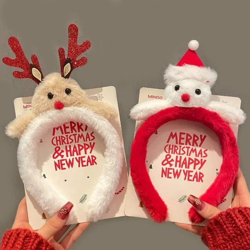 

Набор милых рождественских повязок на голову: плюшевые повязки на голову с оленями и снеговиком; Симпатичные повязки на голову с рогами-колокольчиками