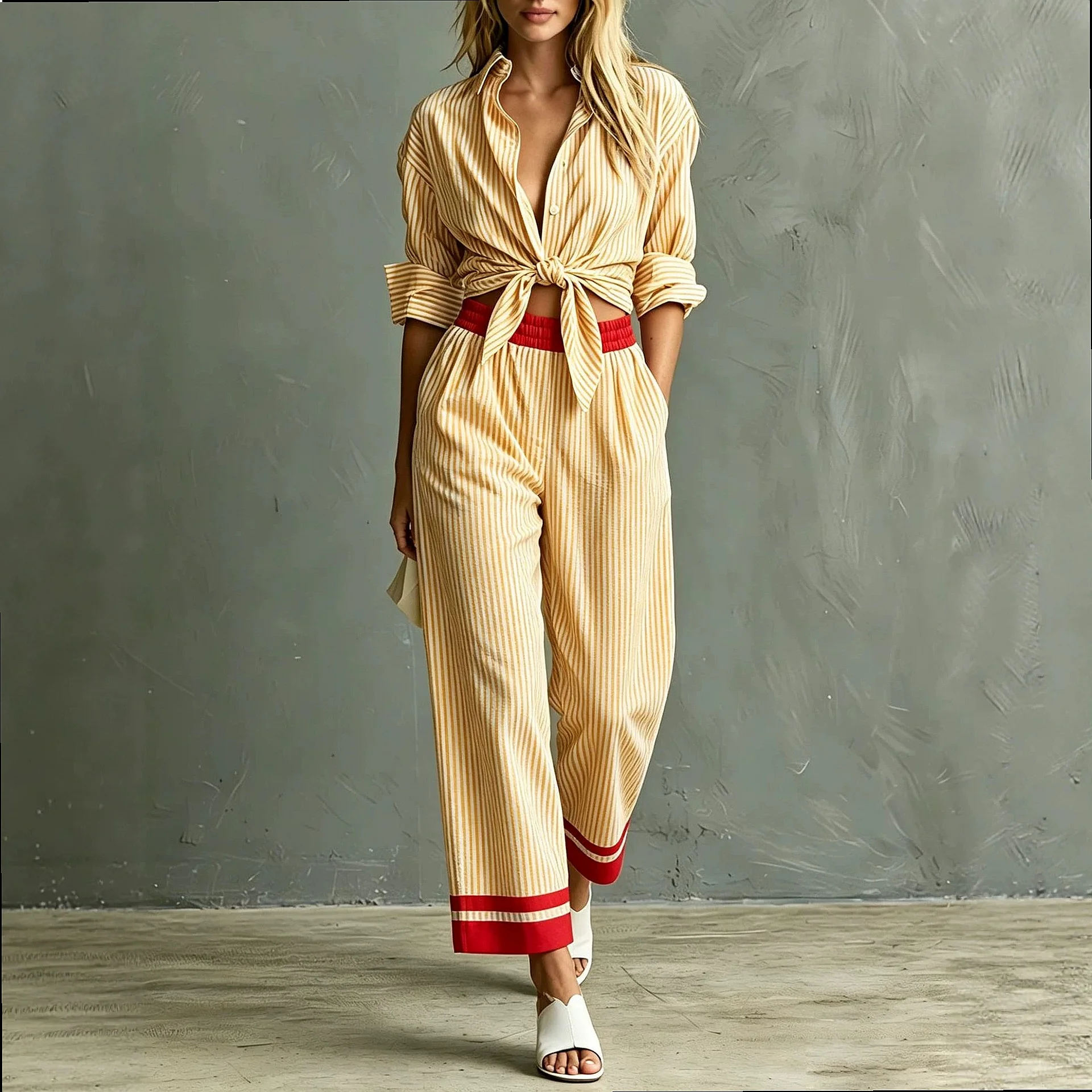 Striped Button Down Shirt Blouse Top And Contrast Pants Jumpsuit Playsuit Matching Set For Women Spring Summer