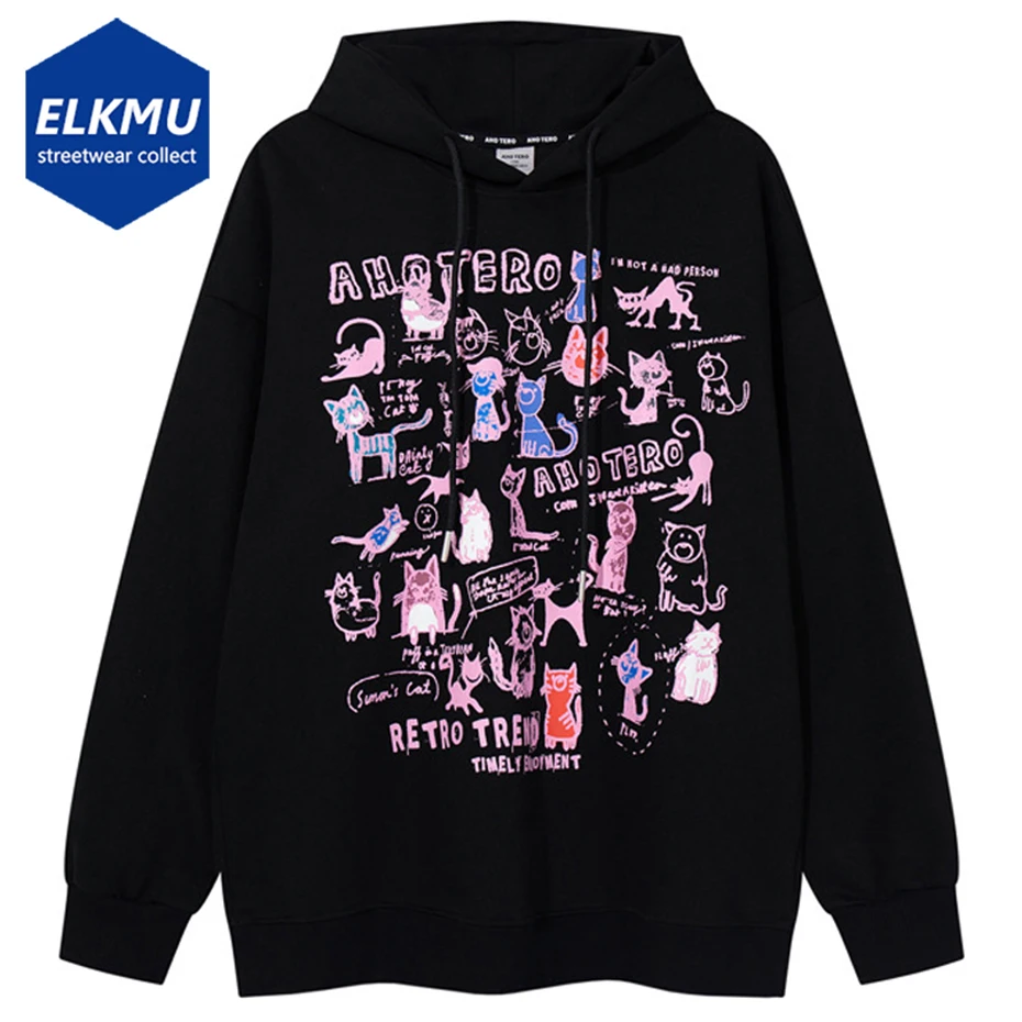 

Men Hip Hop Oversized Black Hoodies Cats Graphic Printed Loose Pullover Sweatshirts Streetwear Harajuku Y2K Hoodie Unisex