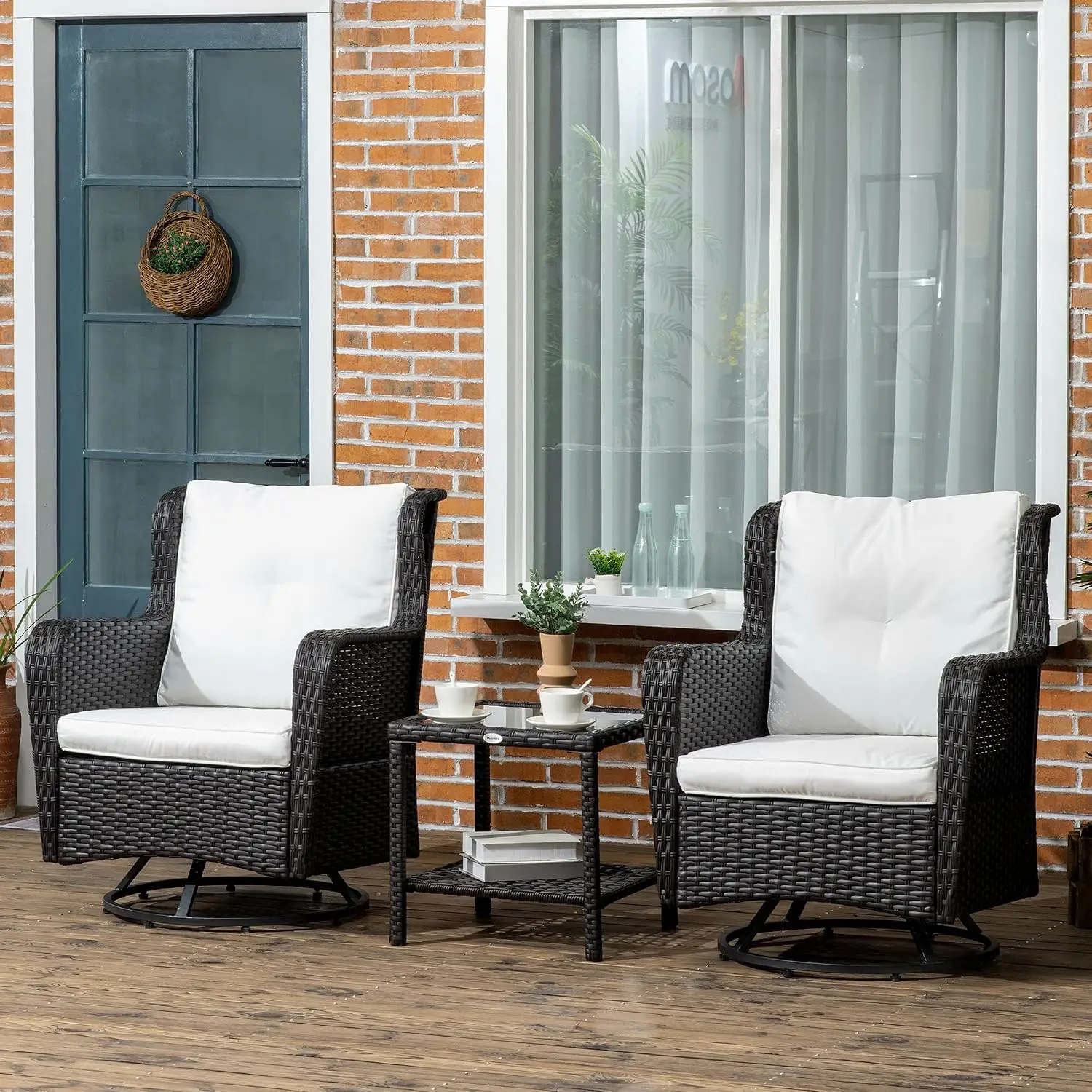 3-Piece Wicker Patio Bistro Set Glass Top Table Swivel Rattan Chairs Outdoor Garden Balcony Backyard, Customized