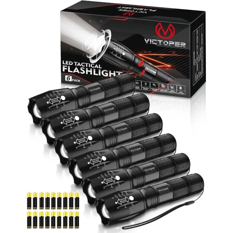 

LED Flashlight 6 Pack, Bright 2000 Lumens Tactical Flashlights High Lumens with 5 Modes, Waterproof Focus Zoom Flash Light