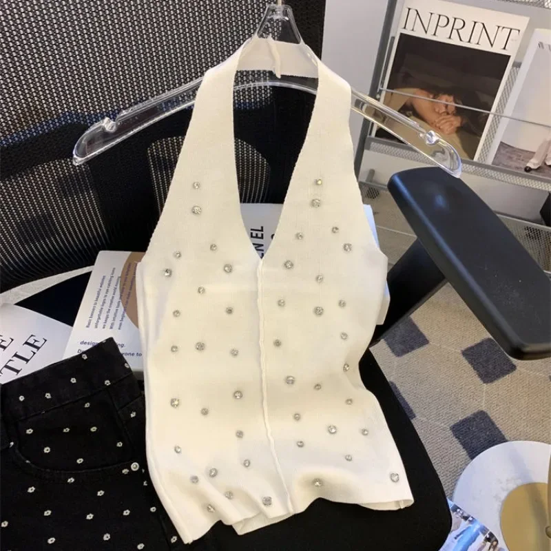 Simple V-neck Halter Camisole Tops 2025 Summer New Slim Fit Top Y2k Sexy Backless Knitted Vest For Women