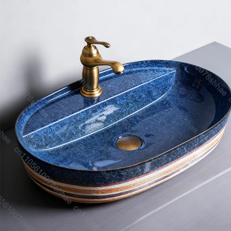 خمر السيراميك سفينة بالوعة البيضاوي الحمام الفن حوض فوق مكافحة غسل السلطانية السيراميك بالوعة الحمام كونترتوب حوض الفني #3