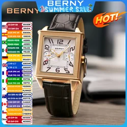 BERNY-reloj de cuarzo para hombre, cronógrafo de lujo, Vintage, 6P25, fecha de día, cuero, 3ATM, resistente al agua, cuadrado, tanque dorado