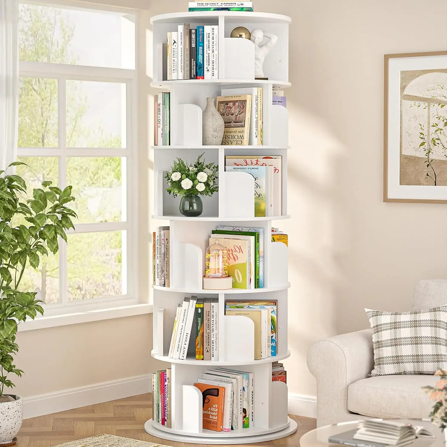 Aheaplus 6 Tier Rotating Bookshelf, Wood Spinning Bookshelf Tower, Round Revolving 360 Bookcase, Narrow Turning Book Shelf Rolli