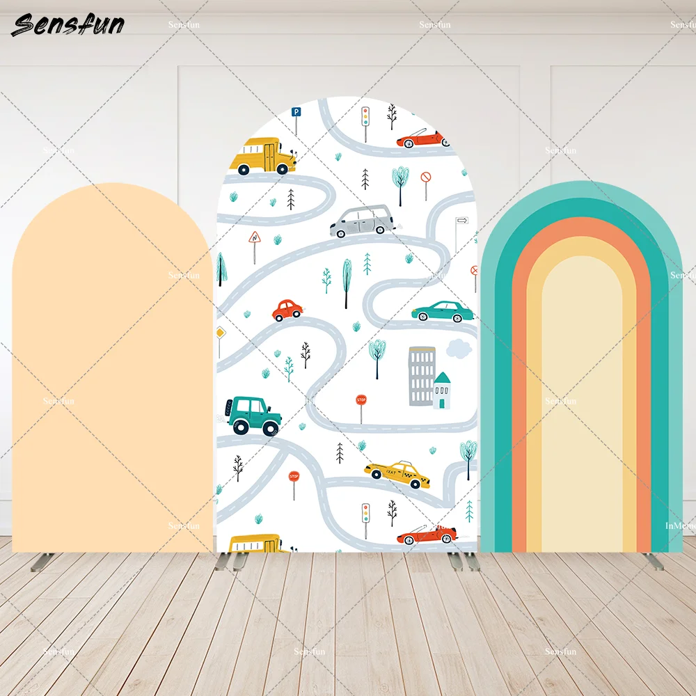 

Kids City Map Arched Wall Roads Cars theme Boy Birthday Party Arch Backdrop Cover Baby Shower Background Photobooth Doublesided