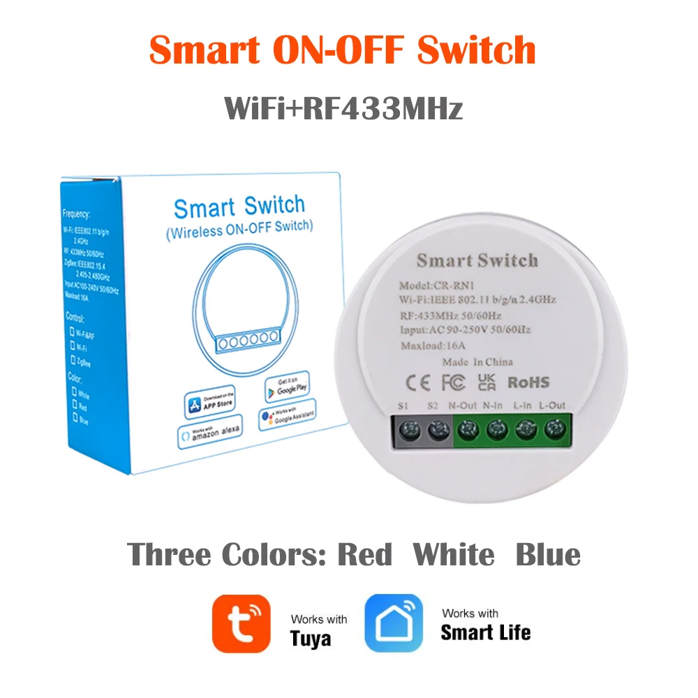 Smart Switch Wi-Fi&RF433 Remote Control Light Switch Work with Alexa and Google Home Load 16A Voltage AC90-250Vo