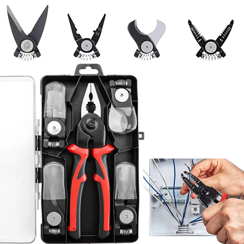 

JUNEFOR Multifunctional 5 in 1 Plier Wire Cutters Stripping Wire Stripper Crimping Pliers Interchangeable Head For Electricians