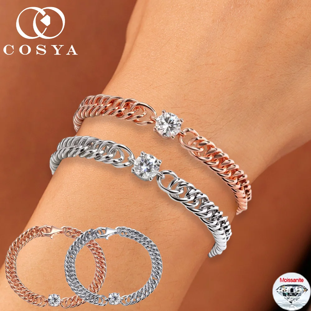 

Браслет COSYA с муассанитом 1 карат, солитер, для женщин и мужчин, из серебра S925, сверкающий, в стиле хип-хоп, с прочными звеньями, для вечеринок, ювелирное украшение