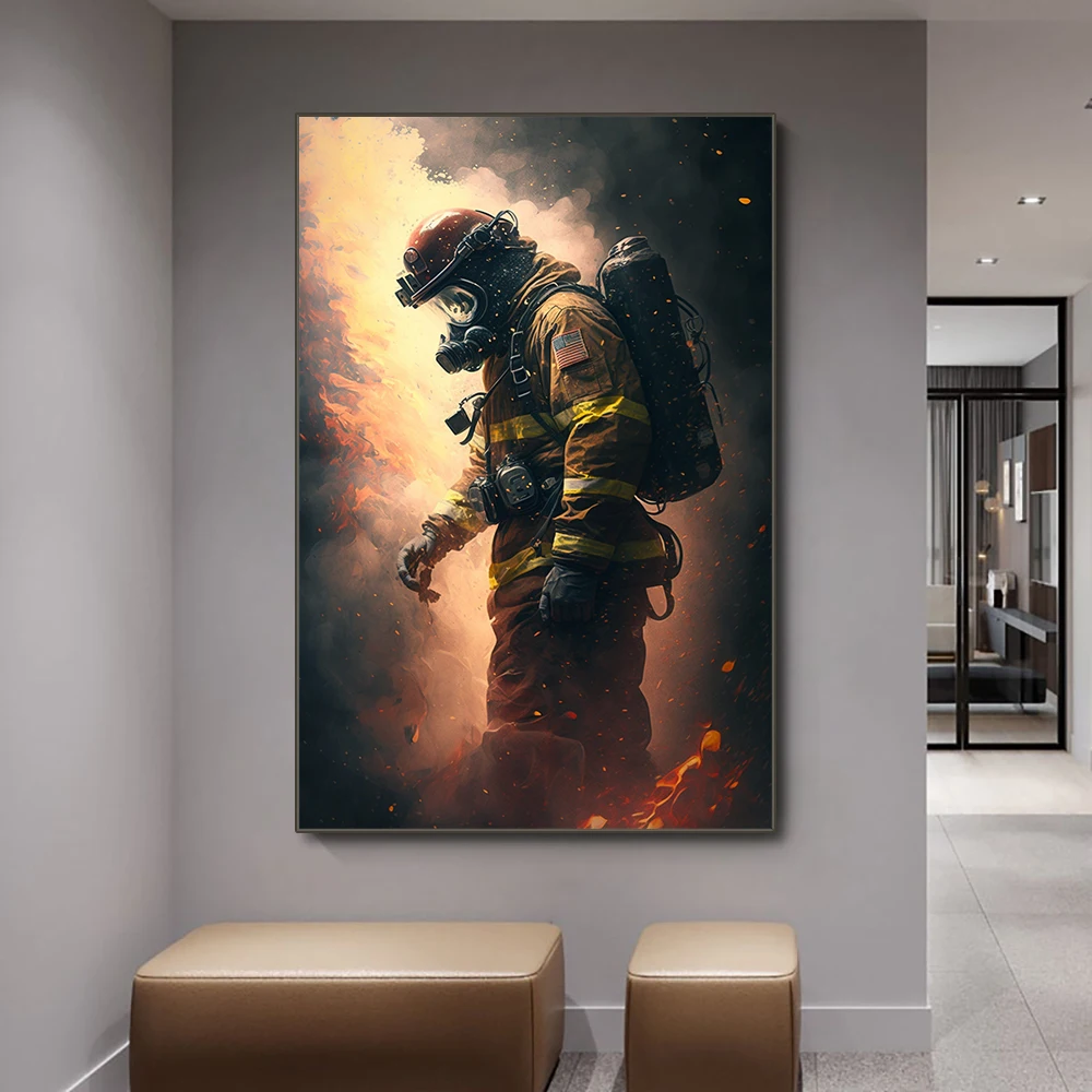 Fireman Portrait Poster Print Canvas Painting Firefighter Wall Art Pictures for Modern Living Room Home Interior Decoration