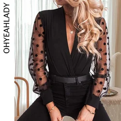 Ohyeahlady Fashion Long Sleeve Bodysuits Women's Mesh Rompers Deep V Teddy Sexy Crotchless Pajamas Oversized One-piece Jumpsuits