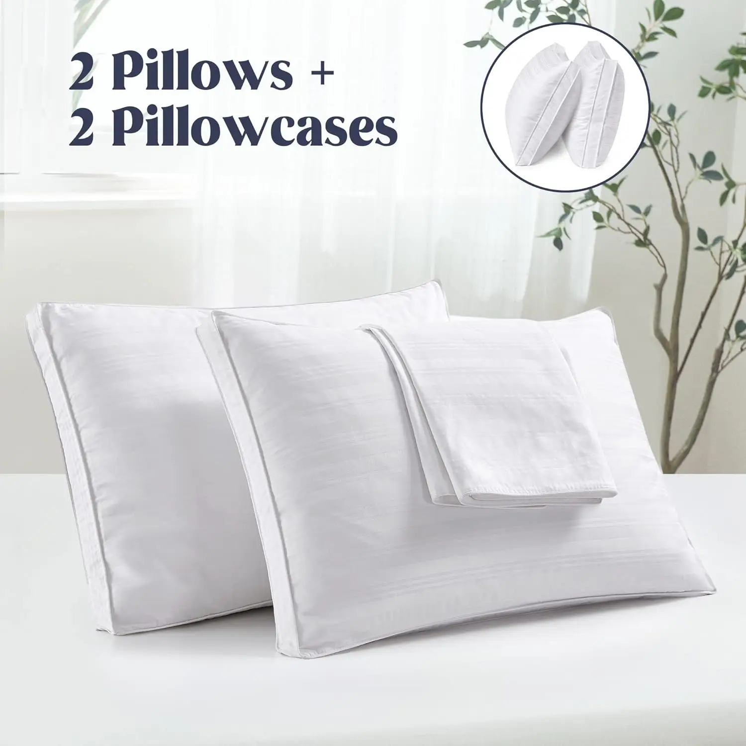 Almohada de plumas de ganso y plumón, almohada de cama para dormir, colección de Hotel con fuelle, 2 protectores exteriores