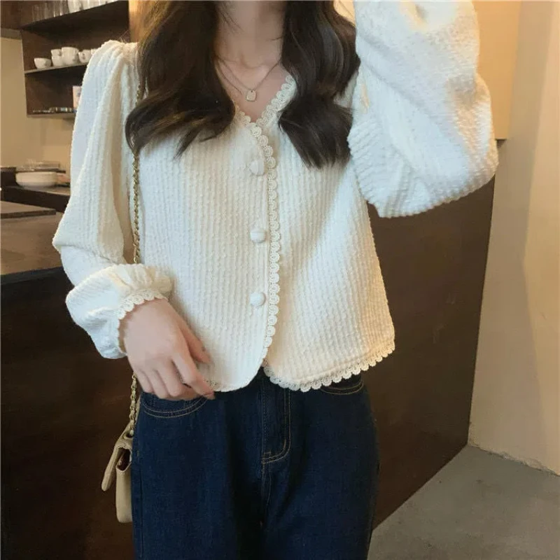 Korean Irregular Short Blouse Spring Autumn New Long Sleeve Solid Color V Neck Fashion Shirt Tops Elegant Sweet Women Clothing