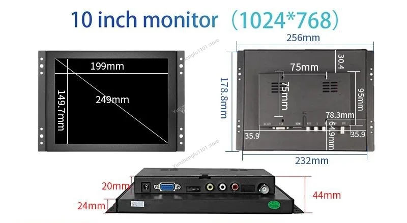 10‑Inch Embedded HD Industrial Monitor 1024×768 TFT Display, Hook‑Mount Screen with BNC VGA AV HDMI‑Compatible Interface Ports