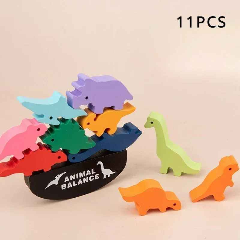 Dinosaurio apilado juguetes de madera bloque de equilibrio juego a juego pensamiento lógico entrenamiento de Motor fino juguetes educativos Montessori para niños