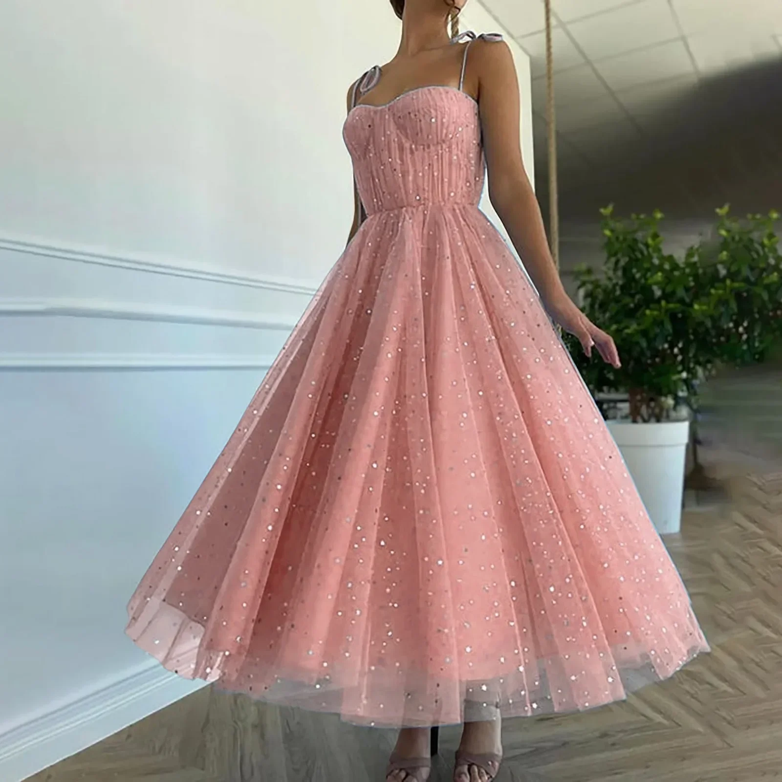 2024 Pink Glitter Sequins Evening Prom Dress for Women Elegant Sweet Sleeveless Spaghetti Strap Wedding Party Bridemaid Dress