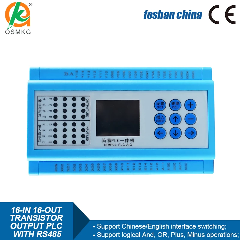 16 Input 16 Output Transistor Output Controller PLC con RS 485 modbus rtu per DC Motor HMI PLC