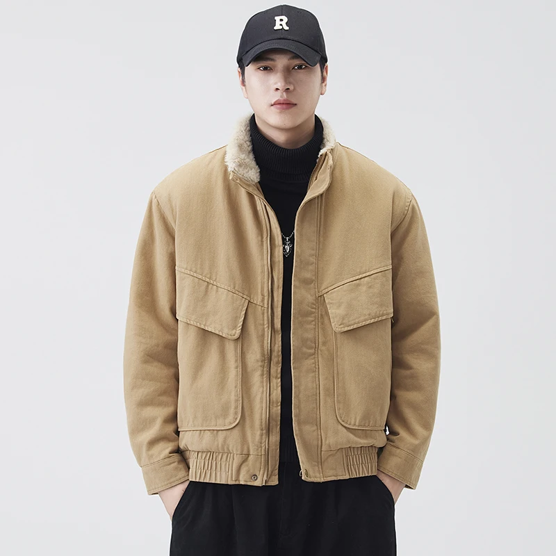 

Winter American Retro Thicken Warm Stand Collar Lamb Inner Jacket Men Loose Casual Pure Cotton Bomber Coat Cargo Parkas Jacket