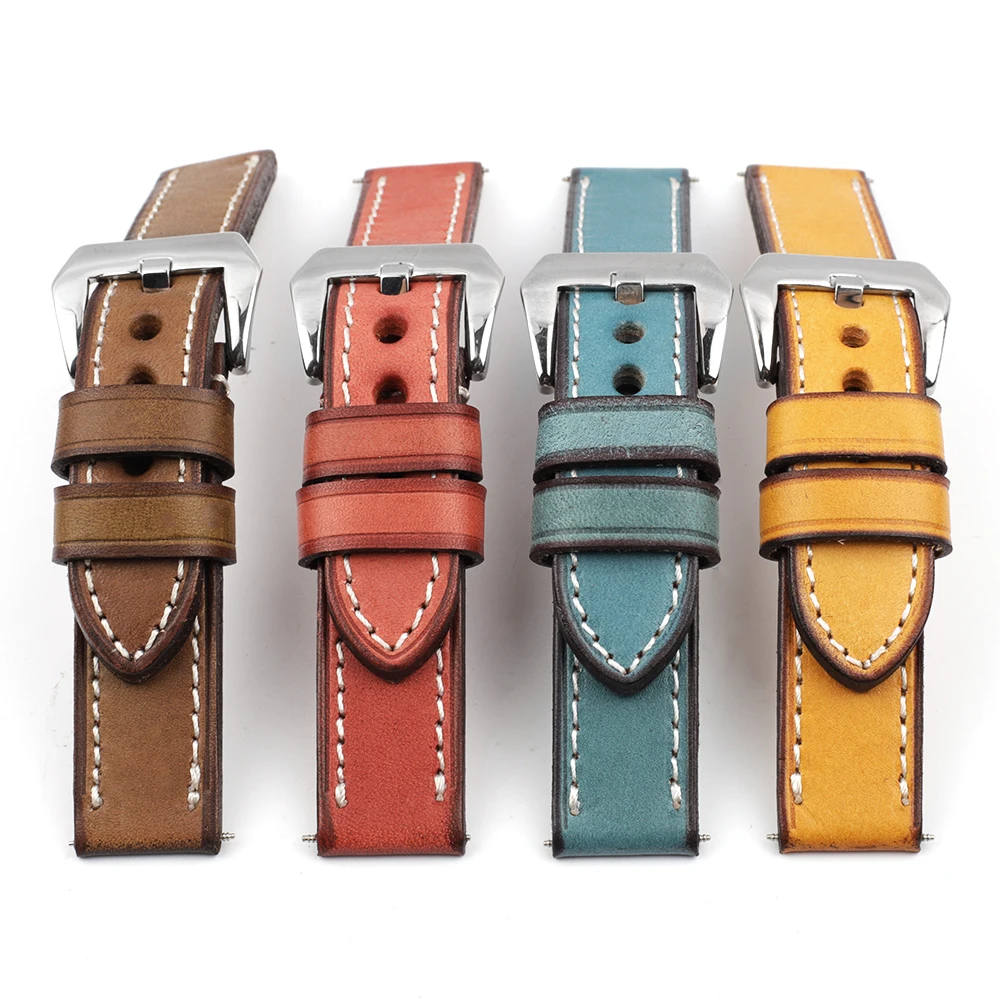 Watch Strap Cow Leather Retro Handmade Wristband 20mm 22mm 24mm Vintage Thick Watchband Watch Strap Belts Polished Buckle