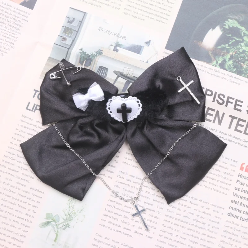 Big Bow Hairpin with Cross Black Sweet Punk Y2K Hair Clip Handmade Bow Lolita Gothic Style Rhinestone with Cool Chain