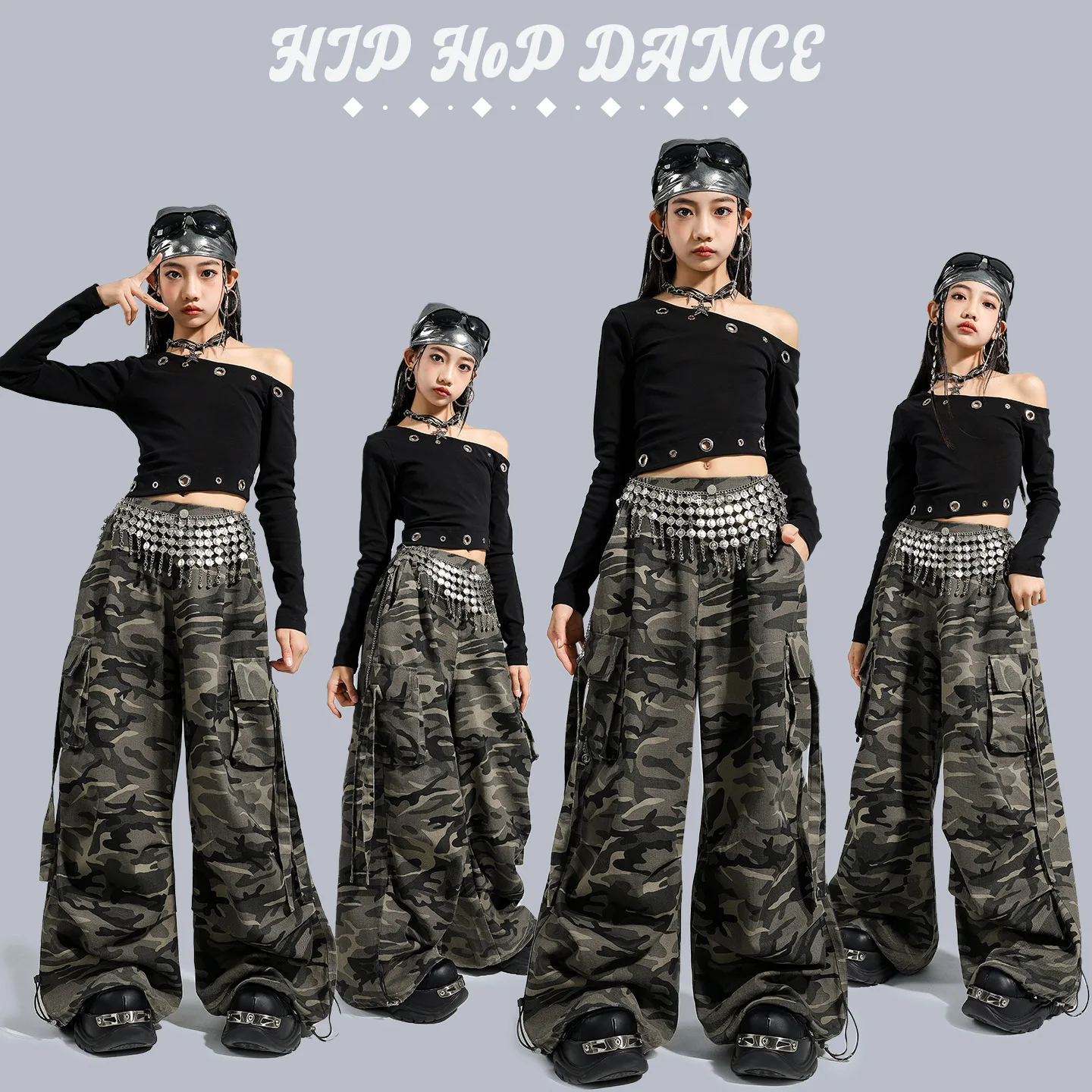 Girls Hip Hop Clothing Off-shoulder Crop Tops Camo Pants Child Streetwear Girl Group Costumes Kids K-pop Dance Clothes Sets