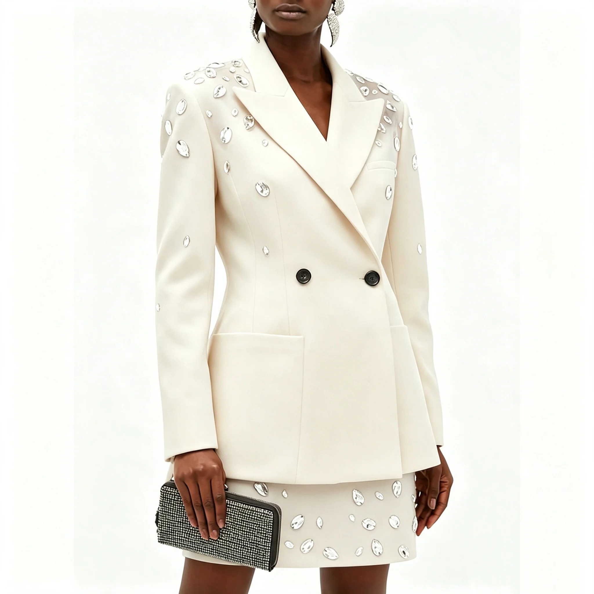Classic Women Jacket Sets Crystal Double Breasted Peaked Lapel Ceremony Birthday Party Wear 2 Pieces Coat Skirt Customized