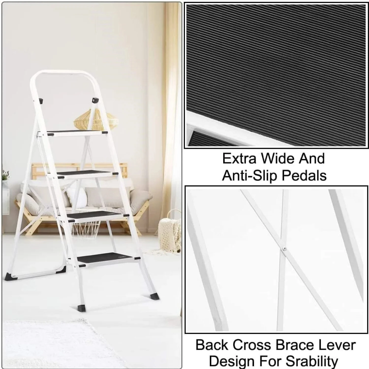 BRIEFNESS 4-stopniowa składana drabina z antypoślizgowymi pedałami - lekki składany stołek do kuchni, domu, garażu Przenośna drabina