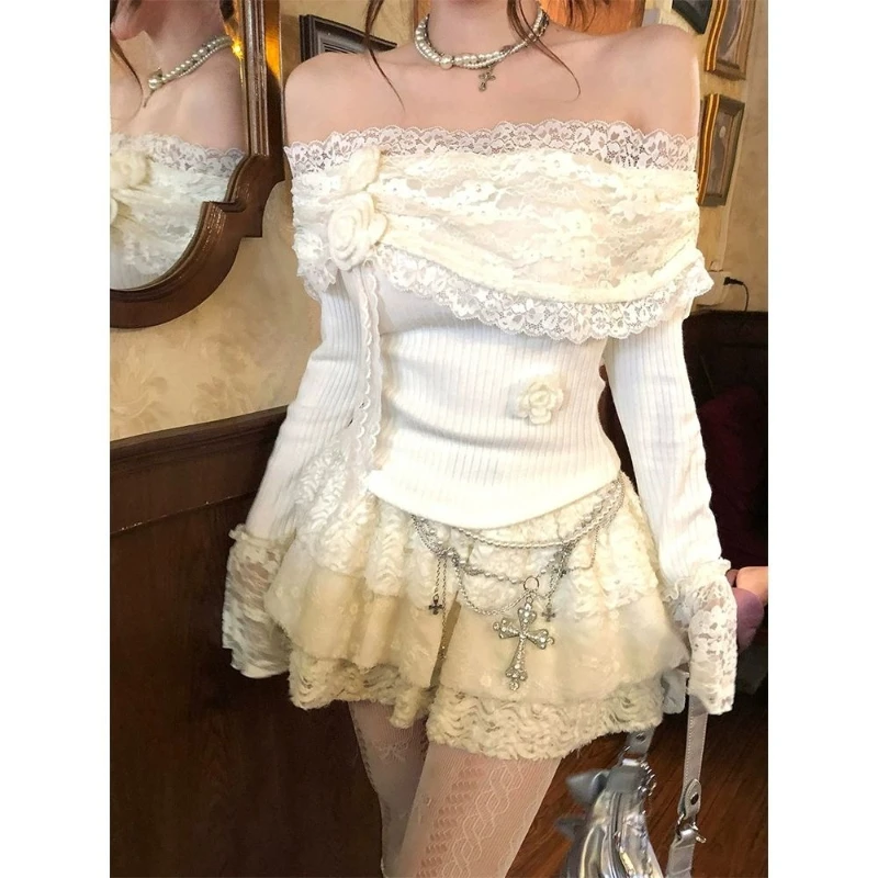 

Deeptown Coquette Lace Off Shoulder Sweaters Women Sweet Sexy Shoujo Girl Knitted Pullover Korean Style Elegant White Jumpers