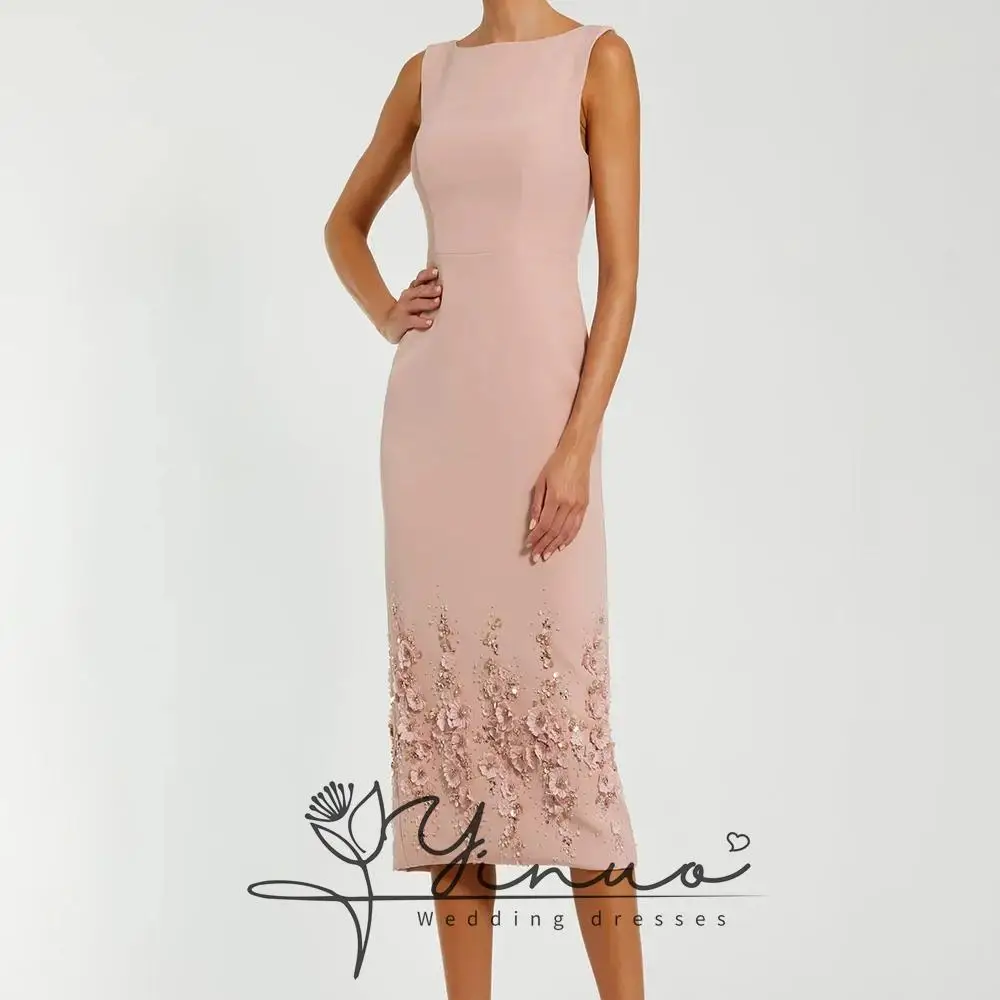 Customized Evening Dress 3D Floral Sequin Trim Sheath Midi Formal Gown for Prom Gala Wedding Guest Party