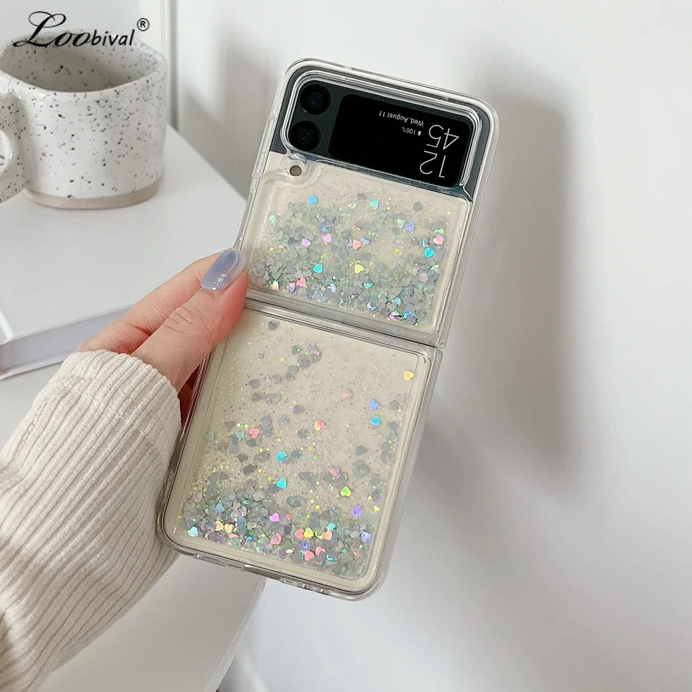 For Samsung Galaxy Z Flip 3 4 5 6 Luxury Glitter Quicksand Case For Samsung ZFlip3 Z flip6 ZFlip 4 6 Love Heart Colorful Cover