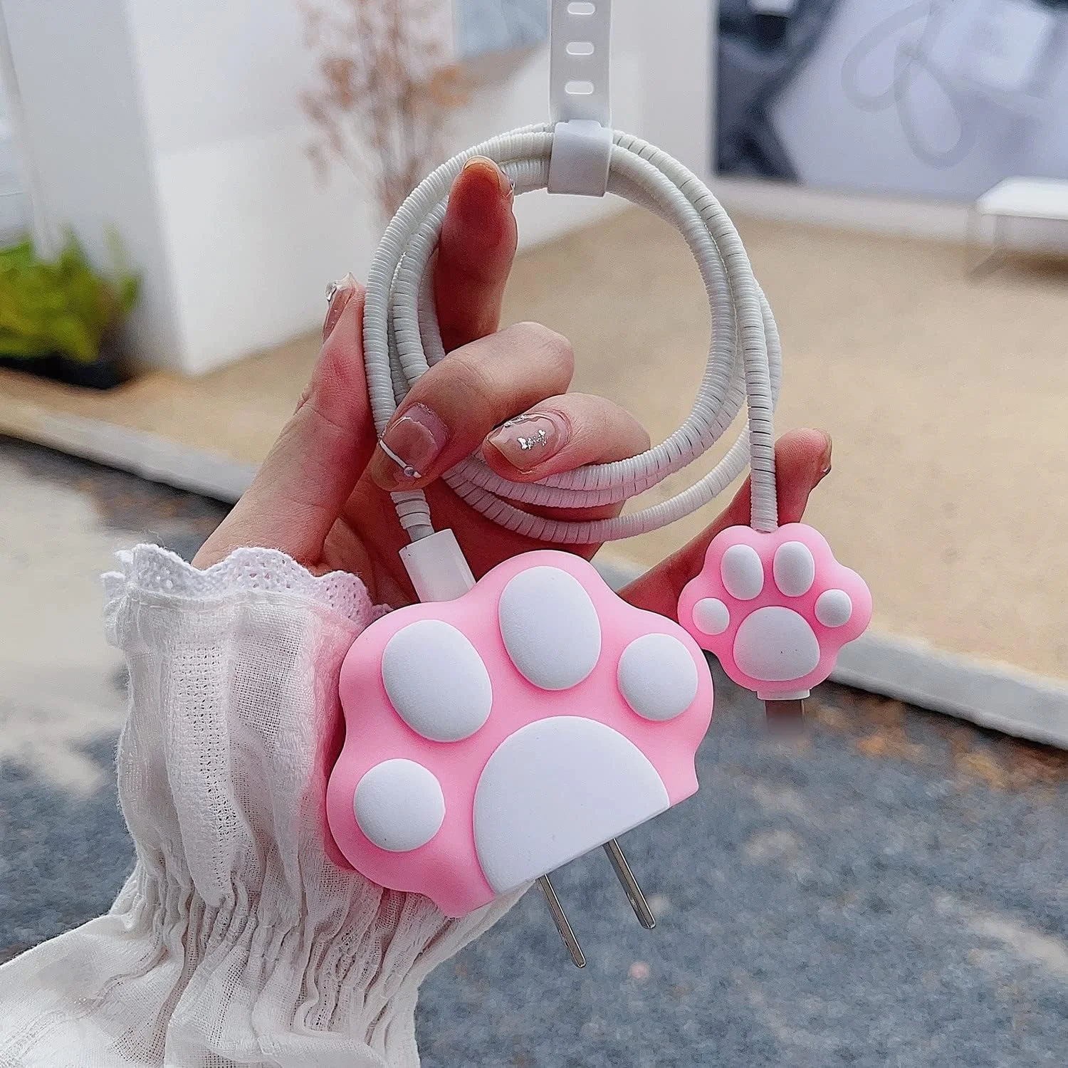 Pink Paw Charger Protector for Iphone 18/20w Adapter Charger Cover Data Cable Protective Case for Iphone Fast Charger