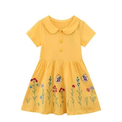 Jumping Meters 2-8T New Arrival Princess Girls Dresses Collar Floral Embroidery Cute Birthday Toddler Kids Frocks Costume Baby