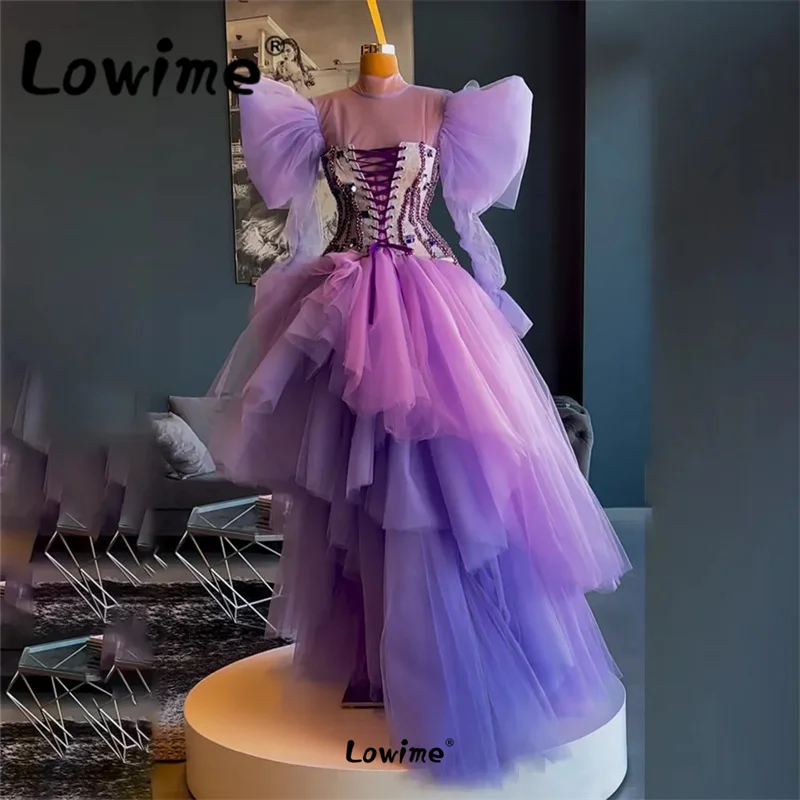 Puff Sleeve Princess Purple Prom Dresses 2023 Tiered Tulle Ball Gown Wedding Party Dress Crystals Birthday Dress Evening Gowns