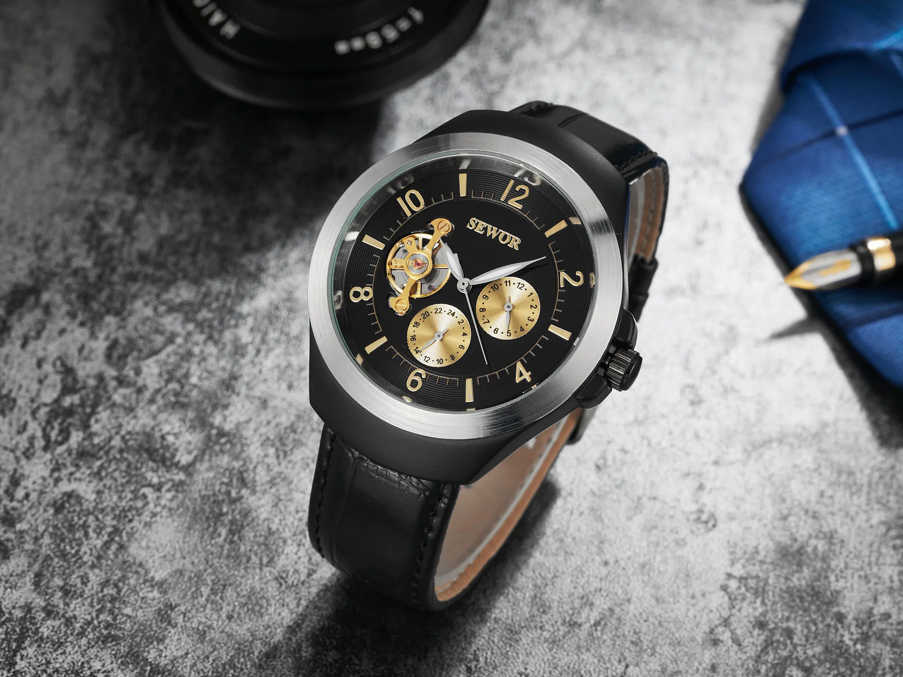 

Stainless Steel Tourbillon Waterproof Genuine Leather Strap Self-Wind Automatic Mechanical Watch for Men