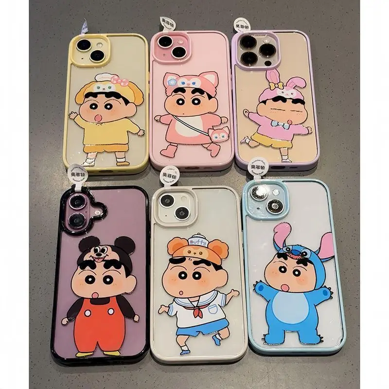 Kawaii تلوين شين تشان الكرتون جراب هاتف آيفون 16 15 14 13 12 11 برو ماكس زائد XS XR X 7 8 أنيمي الاكريليك غطاء مقاوم للصدمات