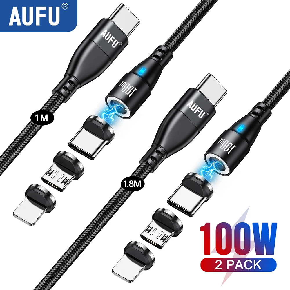 AUFU 2PACK Magnetic Cable USB Type C To USB C Cable 100W/5A PD Fast Charging Charger Wire Cord For Macbook Xiaomi Samsung iPhone