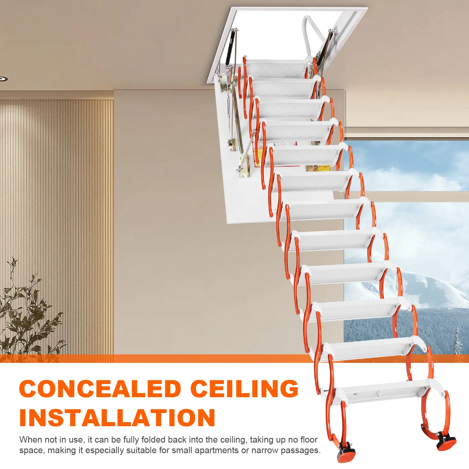 12 Step 10.17ft Adjustable Ceiling Mount Attic Ladder Load Capacity 661Lbs Folding Ladder Extension Loft Stair for RV Storehouse