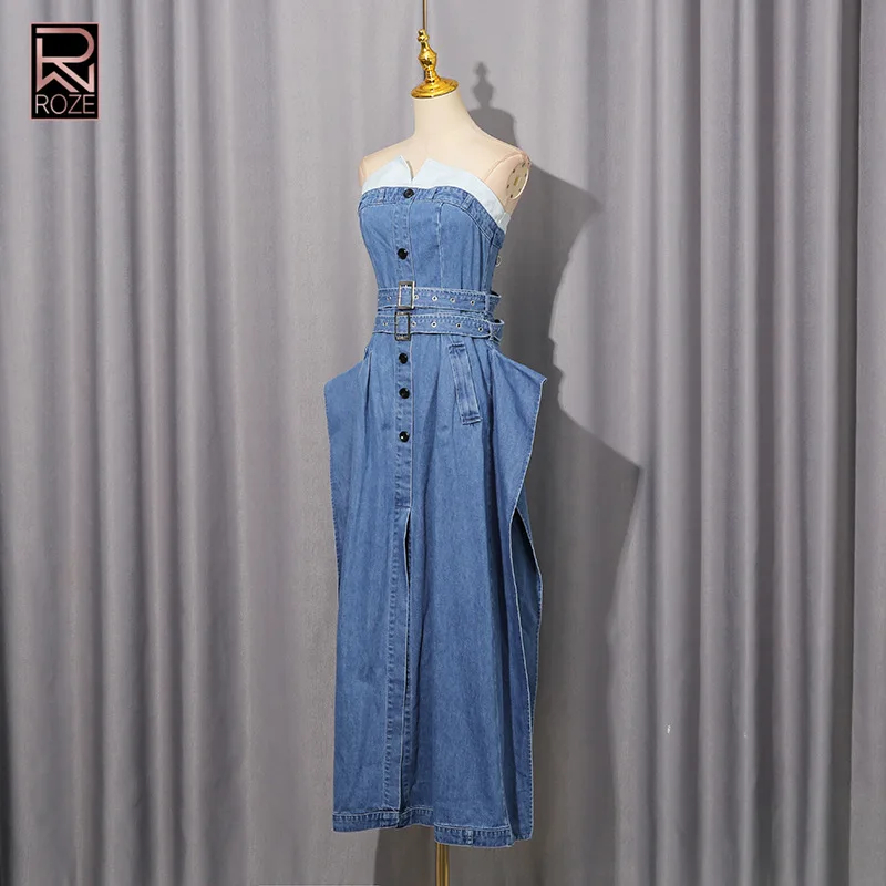 프렌치 레트로 스타일 데님 맥시 드레스 2025 - 버튼과 타이 웨이스트가 있는 코르셋 뷔스티에