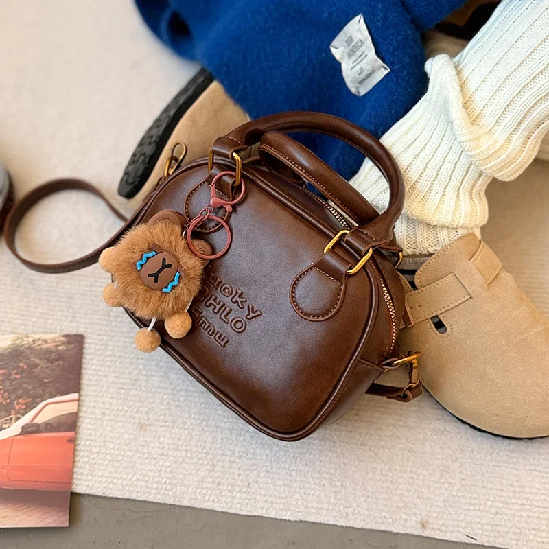 

Vintage Bowling Bag for Women - 2025 New Autumn Winter Premium Brown Leather Crossbody Shoulder Tote with Retro Style