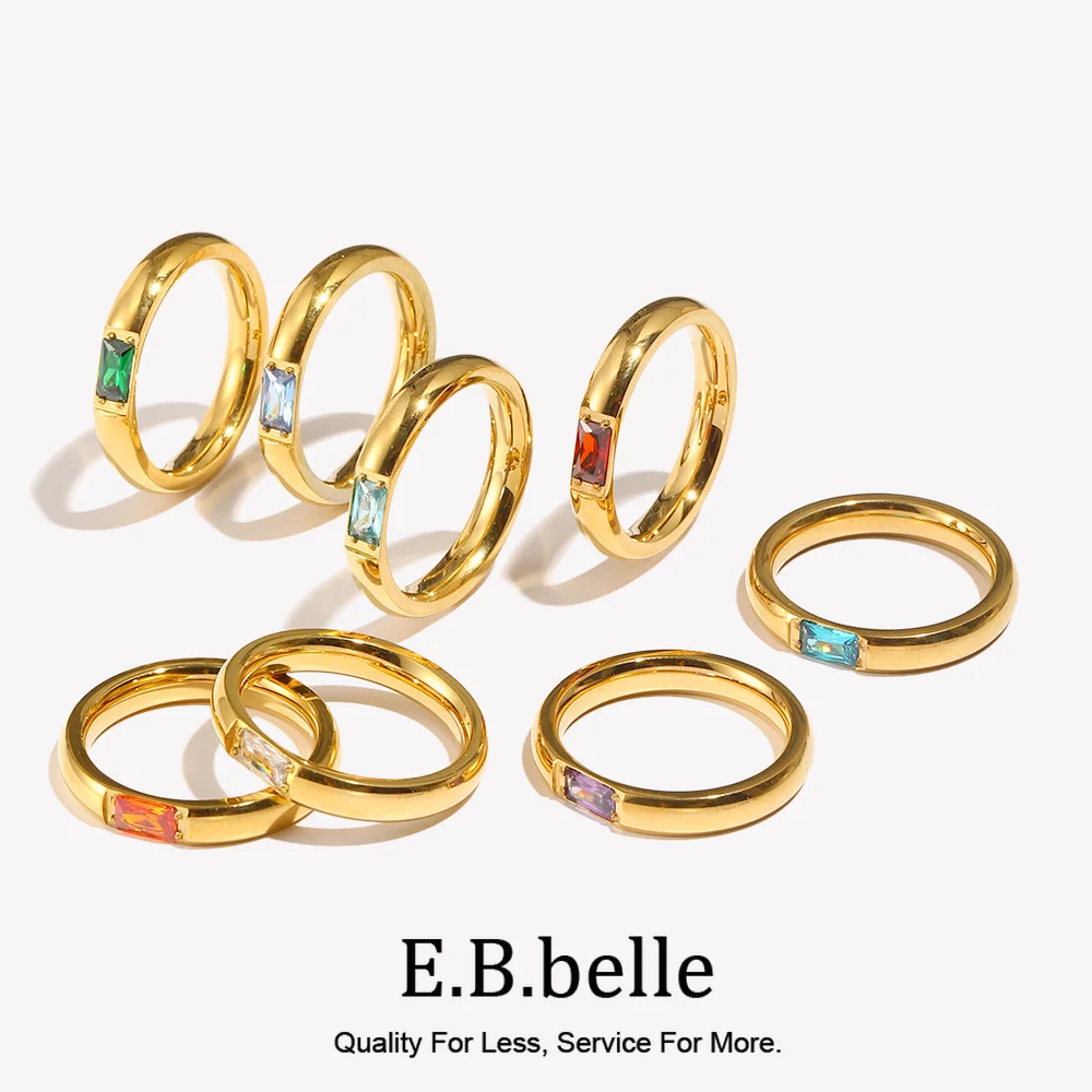 E.B.belle-anillo chapado en oro de 18K para mujer, sortija brillante de 12 colores, piedra natal, acero inoxidable, circonita chapada en oro, constelación del zodiaco