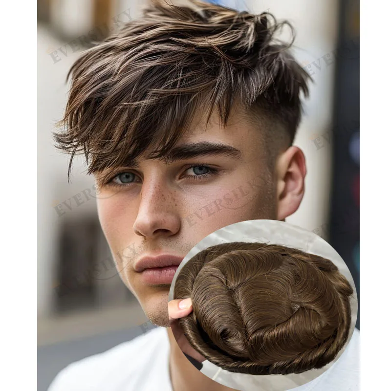 

Дышащая система для замещения волос для мужчин, 5 дюймов, из натуральных человеческих волос, 30 мм, волнистые, с полиуретановой моно-основой, естественная линия роста волос, долговечные, прямые, темно-коричневые