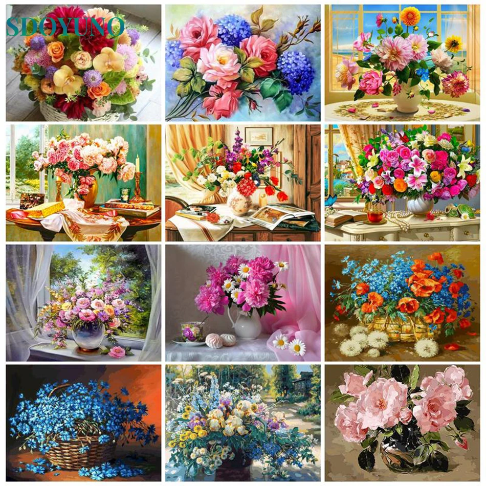 

SDOYUNO Oil Painting By Numbers Windown Flower Handpainted Unique Gift Pictures By Numbers Landscape For Adults Home Decor